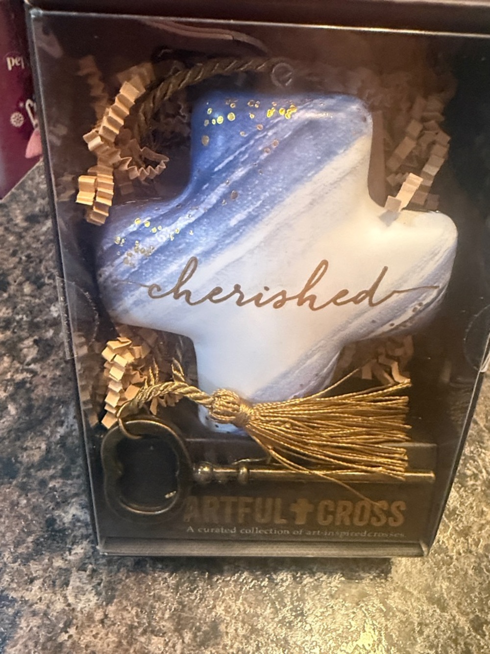 Demdaco Blue and White Cherished Cross Ornament with Gold Tassel